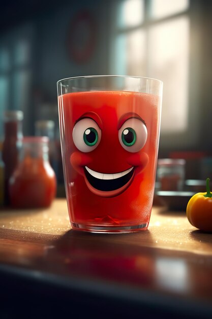 Um copo de suco de tomate com um rosto sorridente.