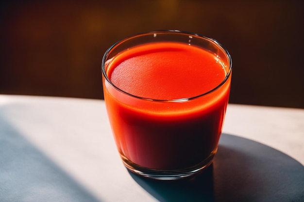 Um copo de suco de tomate está sobre a mesa.