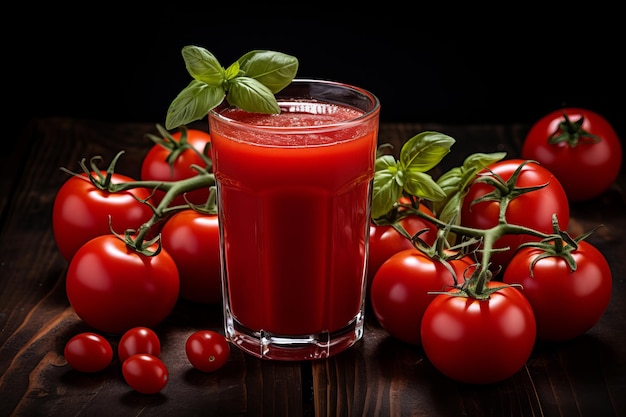 Um copo de suco de tomate refrescante com tomates maduros colocados numa superfície de madeira contra um fundo escuro