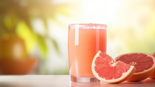 Um copo de suco de toranja com uma borda salgada e fatias de toranja