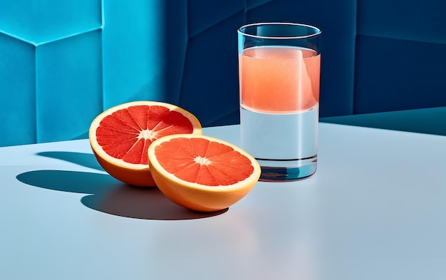Um copo de suco de toranja está sobre uma mesa ao lado de um fundo azul.