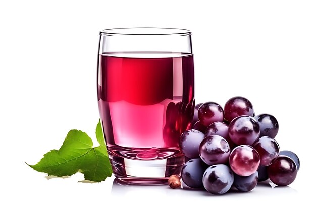 Um copo de suco de uvas vermelhas ao lado de um feixe de uvas