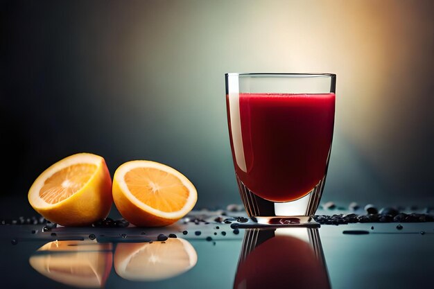 Um copo de suco e laranjas em uma mesa.