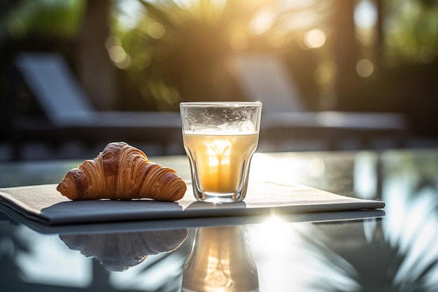 Um copo de suco e um croissant em uma mesa