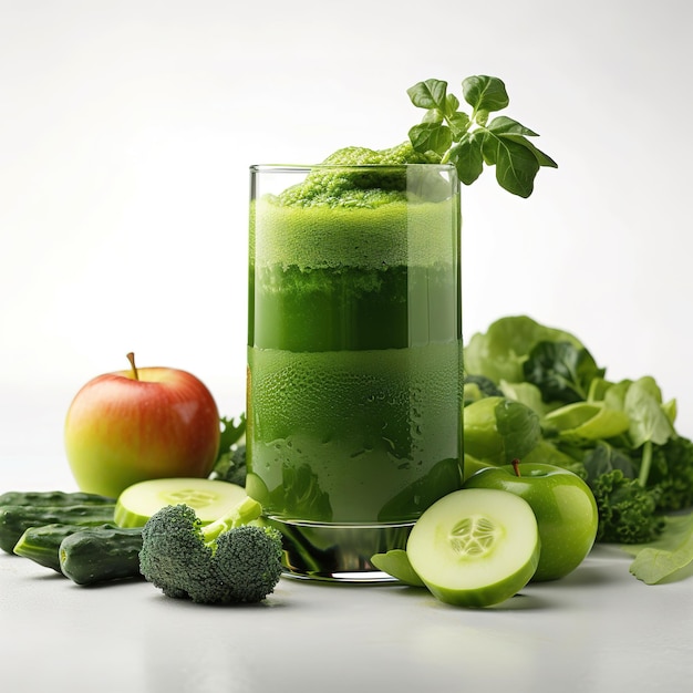 Um copo de suco verde com um monte de vegetais