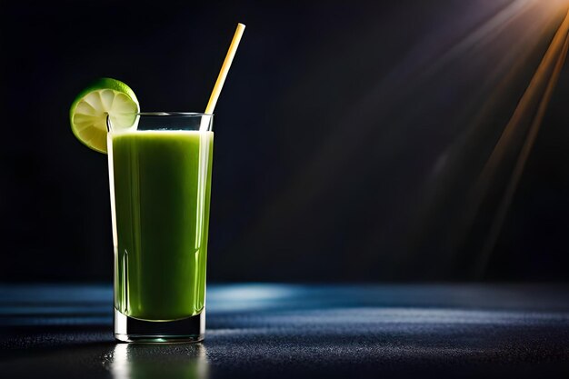um copo de suco verde com uma palha no fundo