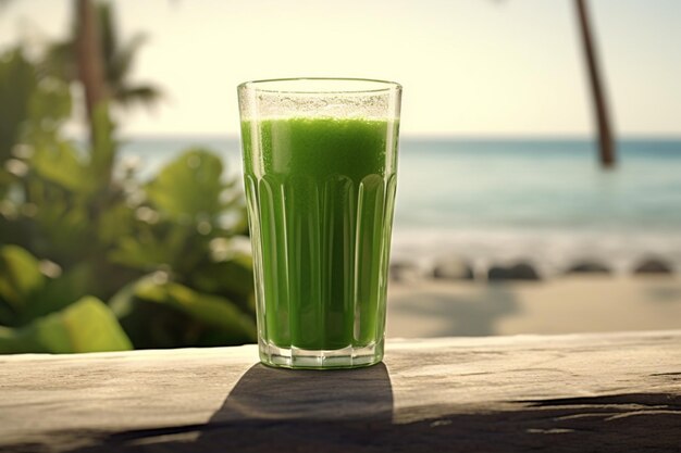 Um copo de suco verde em uma praia com uma palmeira ao fundo