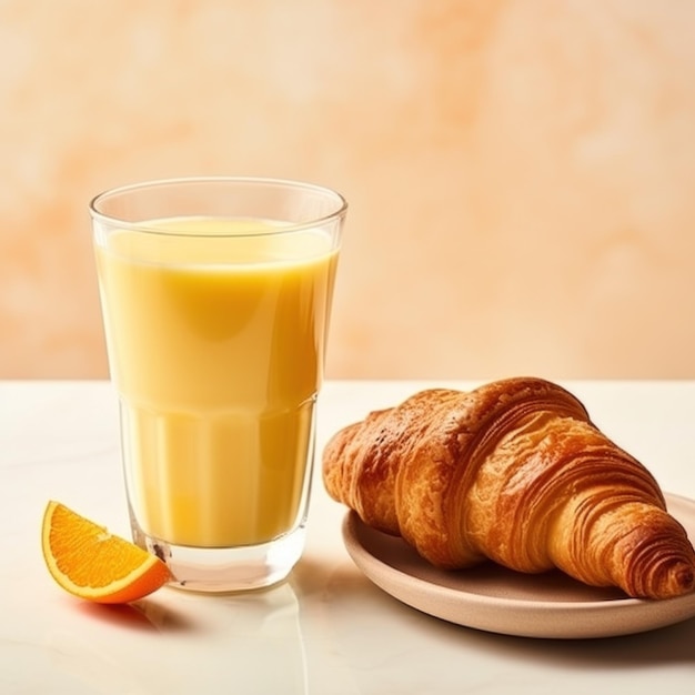 Um copo de sumo de laranja acompanhado de um croissant com manteiga e geleia