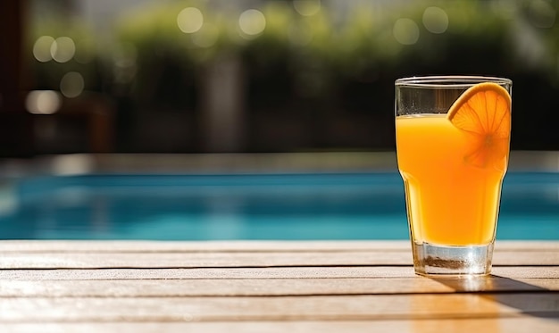 Um copo de sumo de laranja ao lado de uma IA geradora de água da piscina