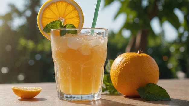 Um copo de sumo de laranja com um canudo e uma fatia de laranjeira ao lado