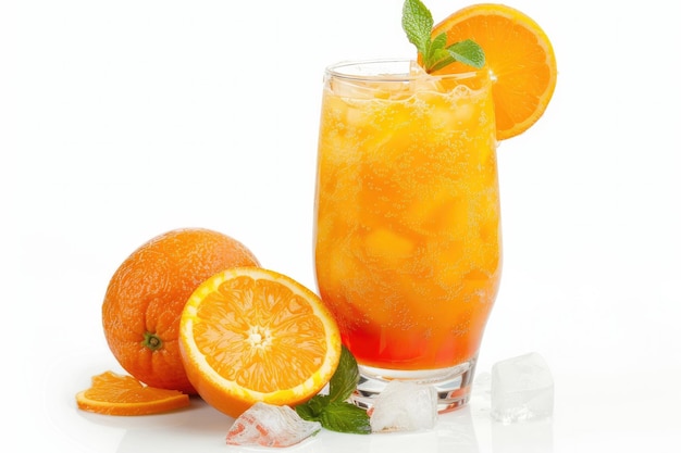 um copo de sumo de laranja com uma bebida e gelo