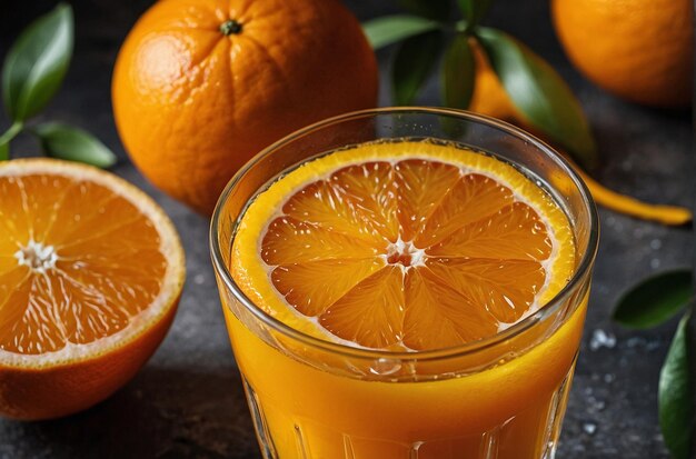 Um copo de sumo de laranja com uma fatia de ou