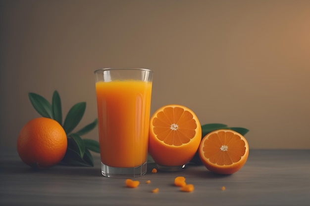 Um copo de sumo de laranja e de frutos frescos de laranjeira