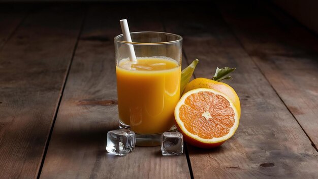 Um copo de sumo de laranja e frutas frescas no chão com cubos de gelo