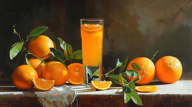 um copo de sumo de laranja e laranja fresca na mesa em um ai generativo de madeira