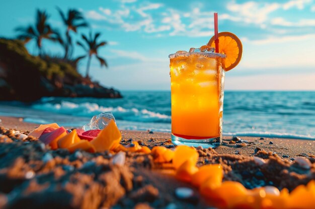 Um copo de sumo de laranja está na praia.