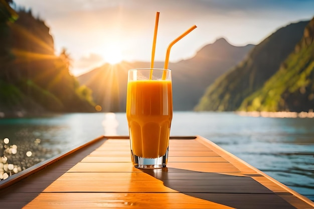 Um copo de sumo de laranja está numa doca com vista para as montanhas.