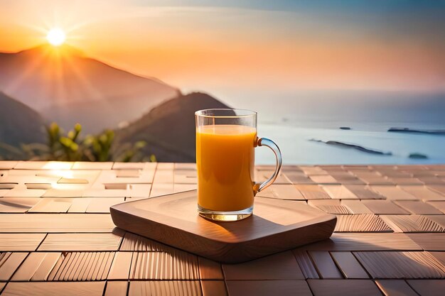 Um copo de sumo de laranja está numa mesa com um pôr-do-sol ao fundo.