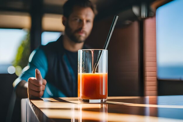 Foto um copo de sumo de laranja está sentado num bar.