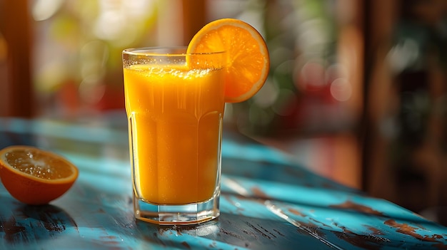 Um copo de sumo de laranja fresco