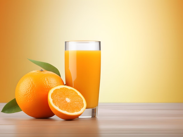 Um copo de sumo de laranja metade de uma laranja no fundo