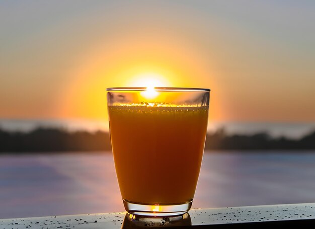 Foto um copo de sumo de laranja numa mesa de madeira.