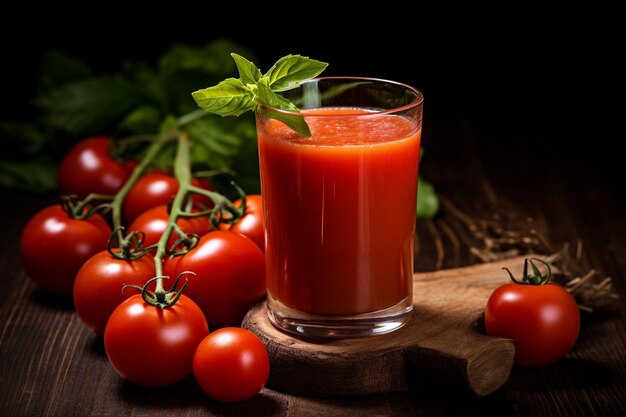 Um copo de sumo de tomate e alguns tomates frescos na tábua de madeira