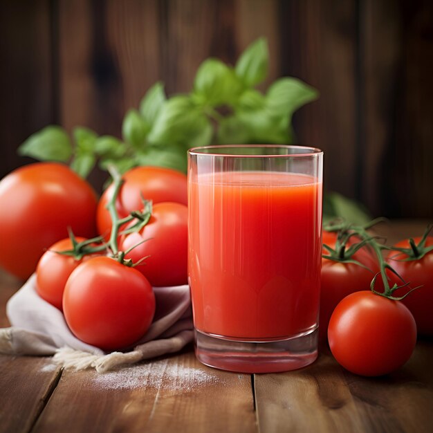 Foto um copo de sumo de tomate fresco com vegetais de tomate em fundos de madeira agricultura doméstica
