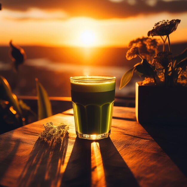 Um copo de sumo saudável ao pôr-do-sol.