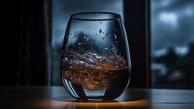 Um copo de uísque está sobre uma mesa com fundo escuro.
