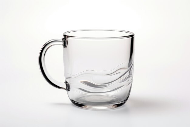 Um copo de vidro com alça em um fundo branco