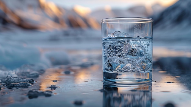 Um copo de vidro transparente com água de montanha para beber no fundo de montanhas cobertas de neve o conceito de beber água mineral