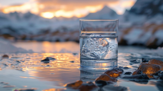 Foto um copo de vidro transparente com água de montanha para beber no fundo de montanhas cobertas de neve o conceito de beber água mineral