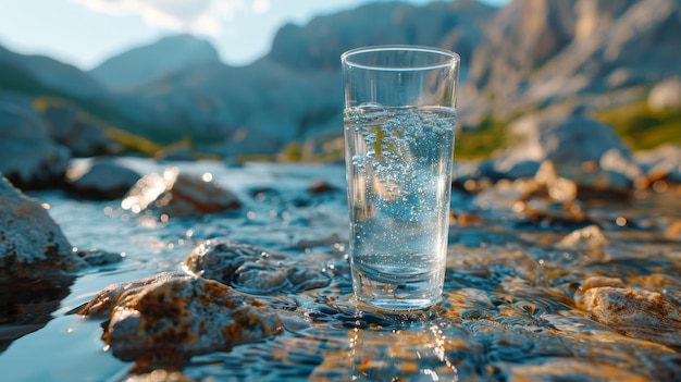 Um copo de vidro transparente com água de montanha para beber no fundo de um rio de montanha O conceito de beber água mineral