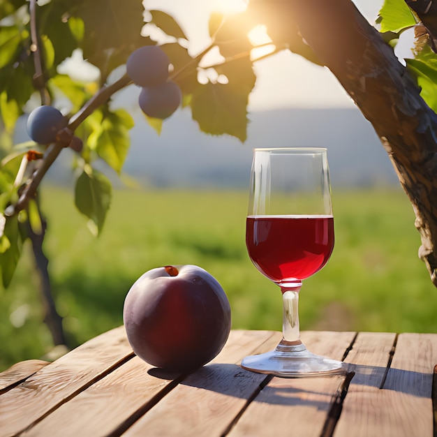 um copo de vinho ao lado de uma maçã e uma toranja