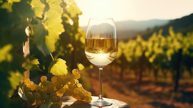 Um copo de vinho branco contra o pano de fundo de vinhas ao sol Produção de vinho e campos de uvas
