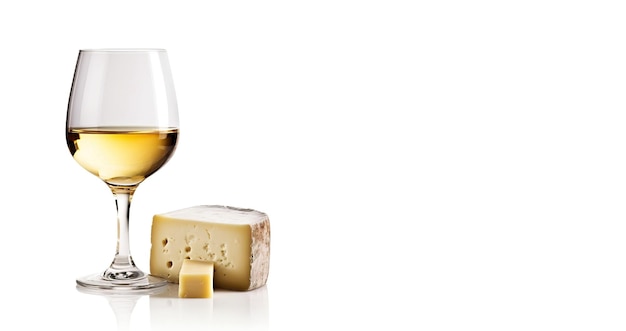 Um copo de vinho branco e queijo isolado em um fundo branco closeup com espaço para texto