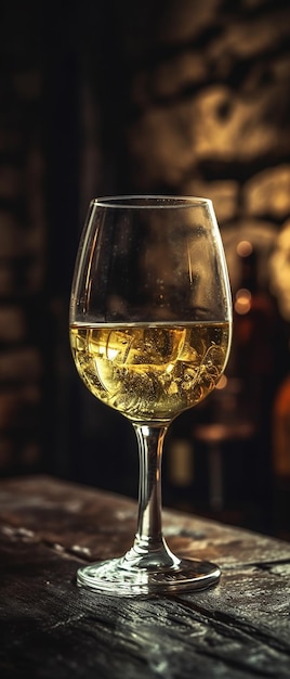Um copo de vinho branco fica em um bar.