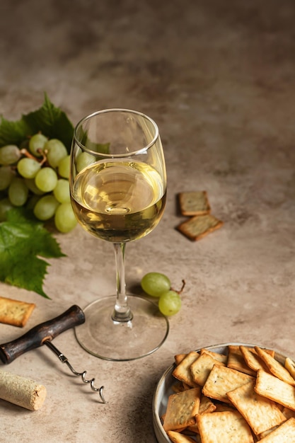 Foto um copo de vinho branco sobre fundo texturizado com saca-rolhas e uvas e bolachas espaço de texto