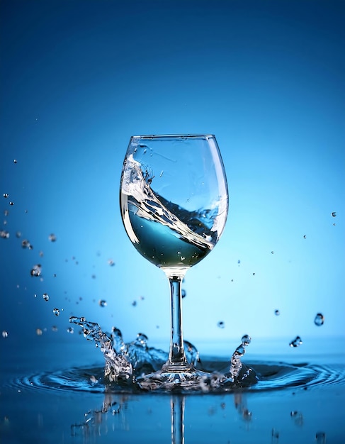 um copo de vinho caindo na água com um fundo azul e bolhas de salpicaduras