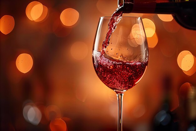 um copo de vinho com luzes de Natal ao fundo