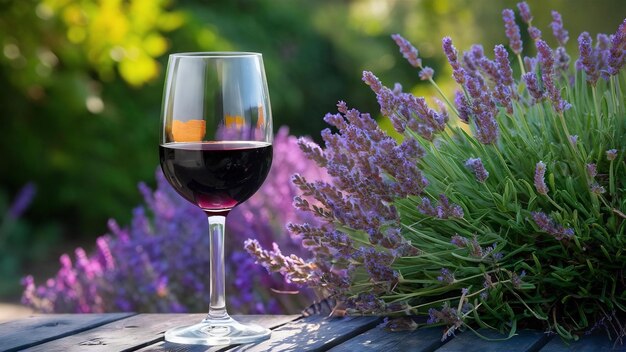 Foto um copo de vinho com um arbusto de lavanda.