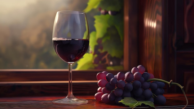 Um copo de vinho com um monte de uvas na frente de uma janela
