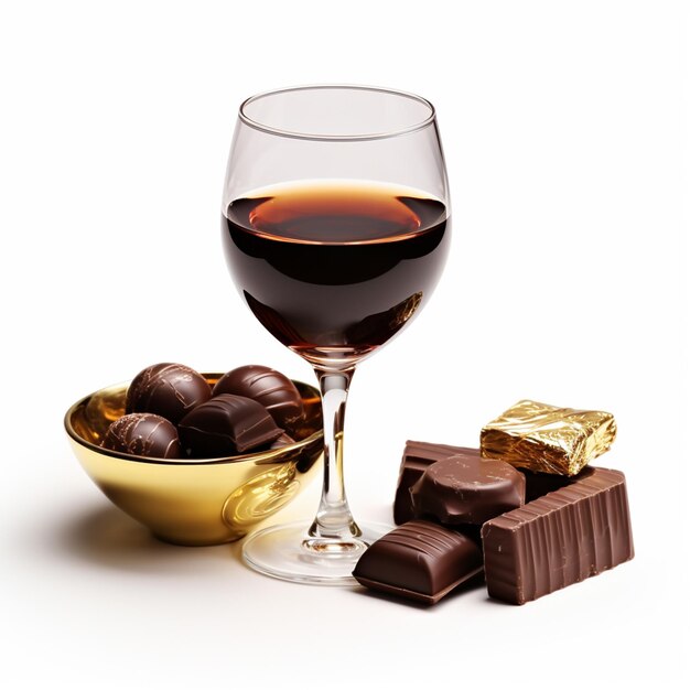 Um copo de vinho e alguns chocolates ao lado de um copo de Vinho ai generativo