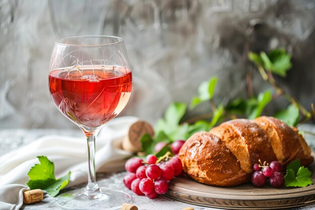 Foto um copo de vinho e pão num prato