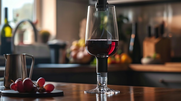 Foto um copo de vinho elegante com vinho vermelho em uma mesa de madeira há uvas na mesa o fundo está desfocado