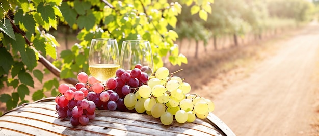Um copo de vinho em um barril de madeira vintage com álcool e cachos frescos de uvas generativas ai