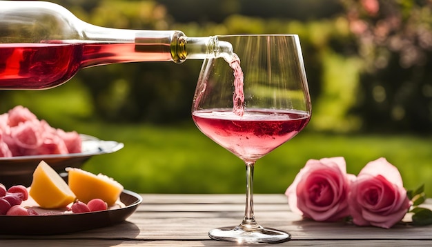 Um copo de vinho está cheio de uma rosa e uma rosa e um rosa