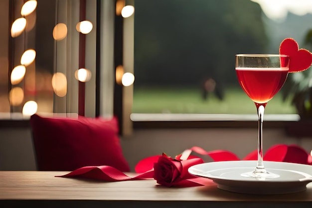 Um copo de vinho está em uma mesa ao lado de um prato com uma rosa.
