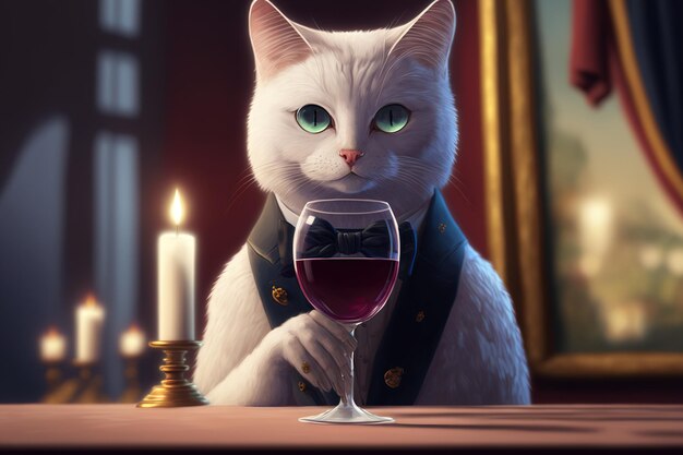 Um copo de vinho está na mão como um gato branco com olhos azuis e um laço carmesim